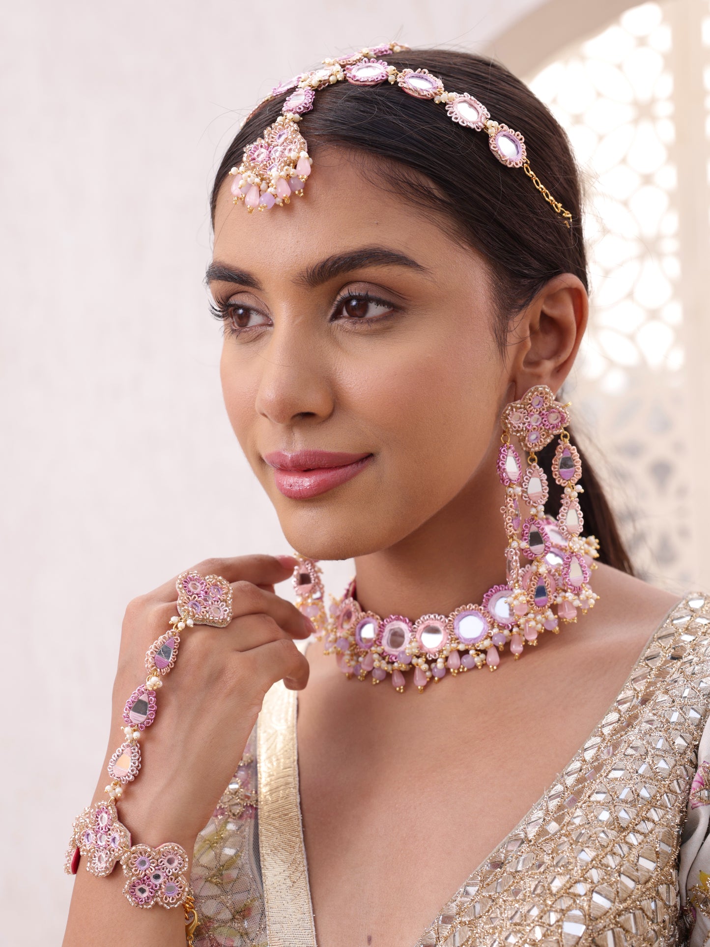 Ishq Lilac (3 Tier Earrings, Mathapatti, Sleek Necklace & Pair of Hathphool)