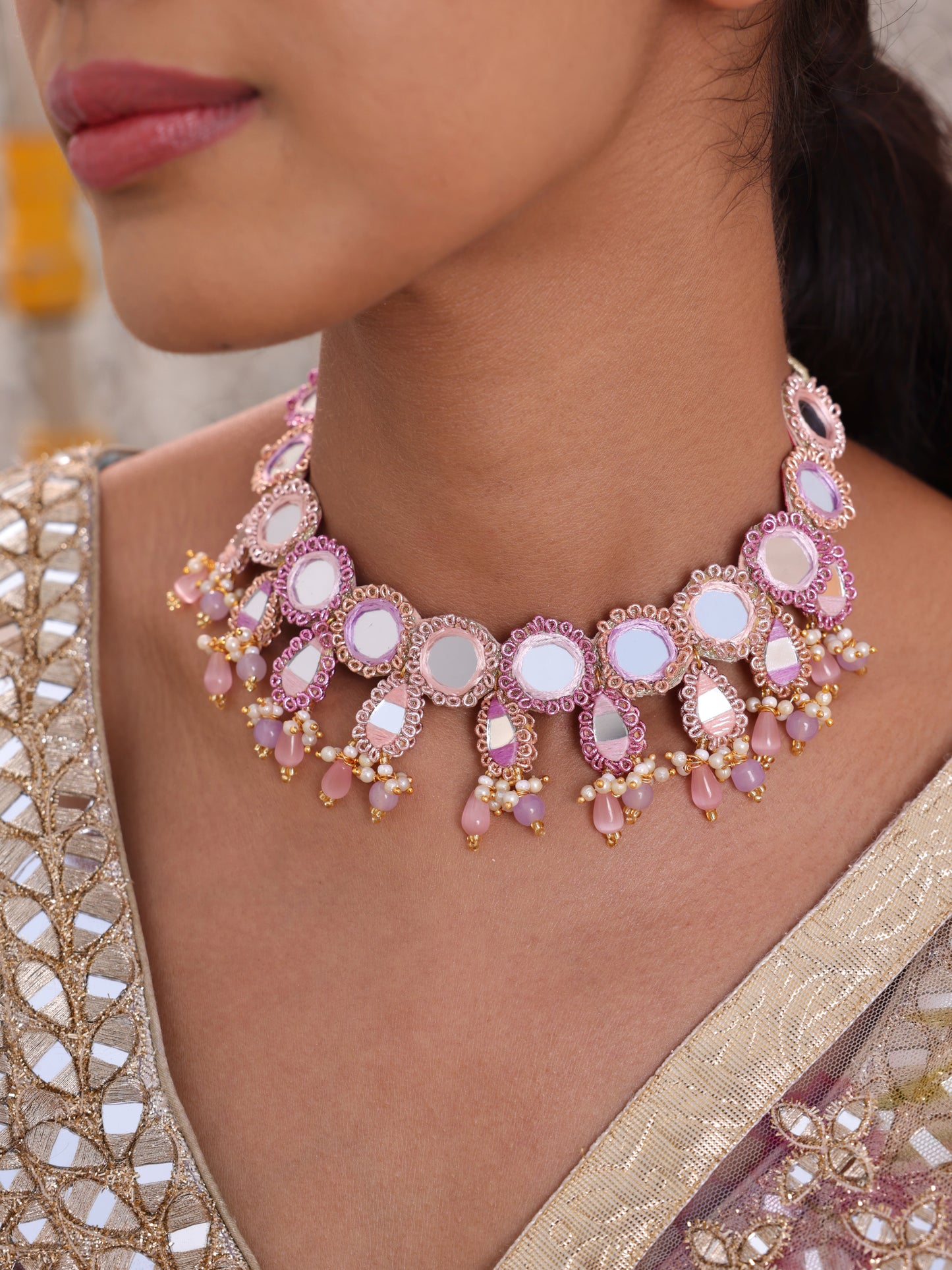 Ishq Lilac (2 Tier Earrings, Mangtikka & Necklace with Drops)