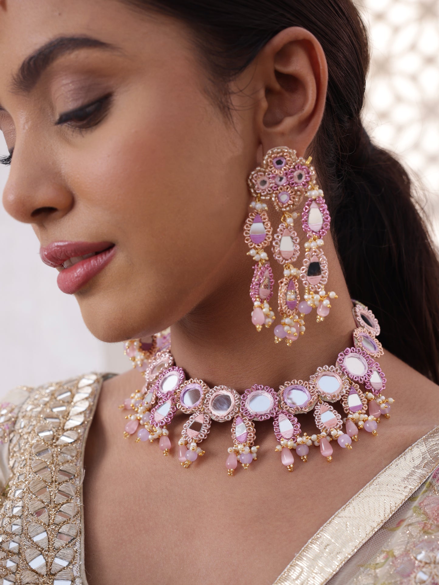 Ishq Lilac (2 Tier Earrings, Mangtikka & Necklace with Drops)