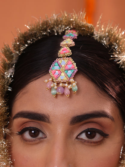 Masakali (Jhumki Earrings, Mangtikka, Tear Drop Necklace & Pair of Hathphool with Embroidered Latkans)