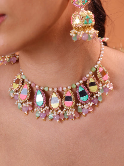 Masakali (Jhumki Earrings, Mangtikka, Tear Drop Necklace & Pair of Hathphool with Embroidered Latkans)