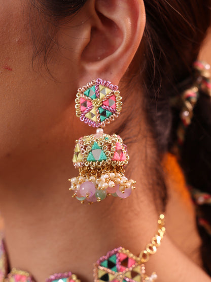 Masakali (Jhumki Earrings, Mangtikka, Tear Drop Necklace & Pair of Hathphool with Embroidered Latkans)