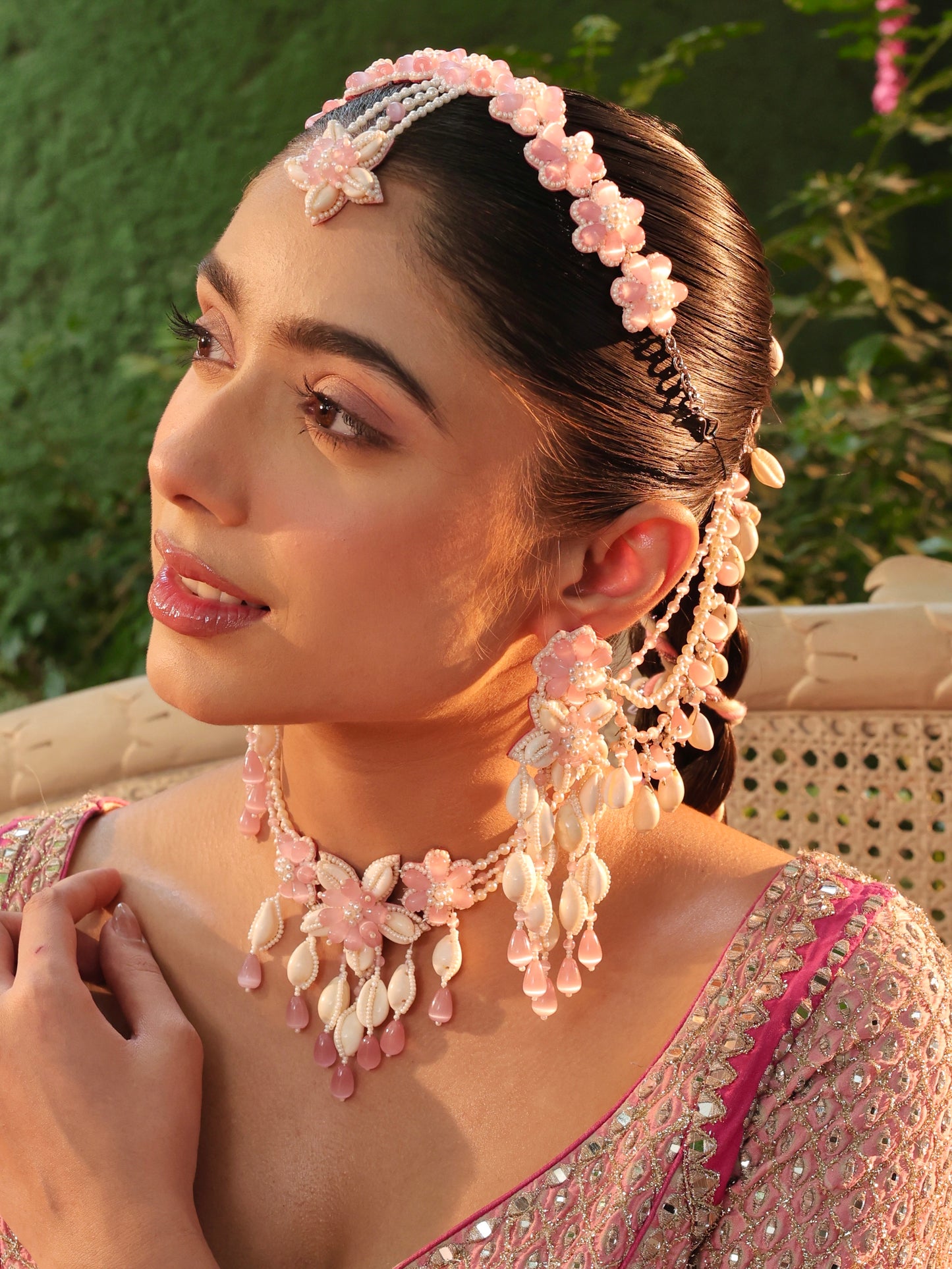 Rose Cowrie (Earrings with Earchains, Mathapatti, Choker & Pair of Hathphool Set)