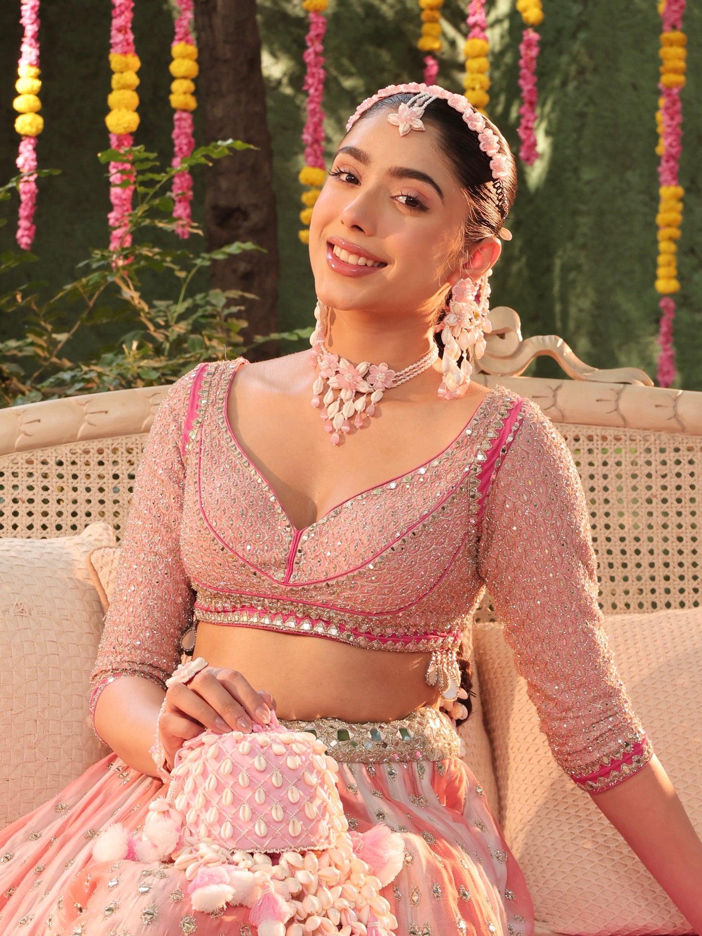 Rose Cowrie (Earrings with Earchains, Mathapatti, Choker & Pair of Hathphool Set)