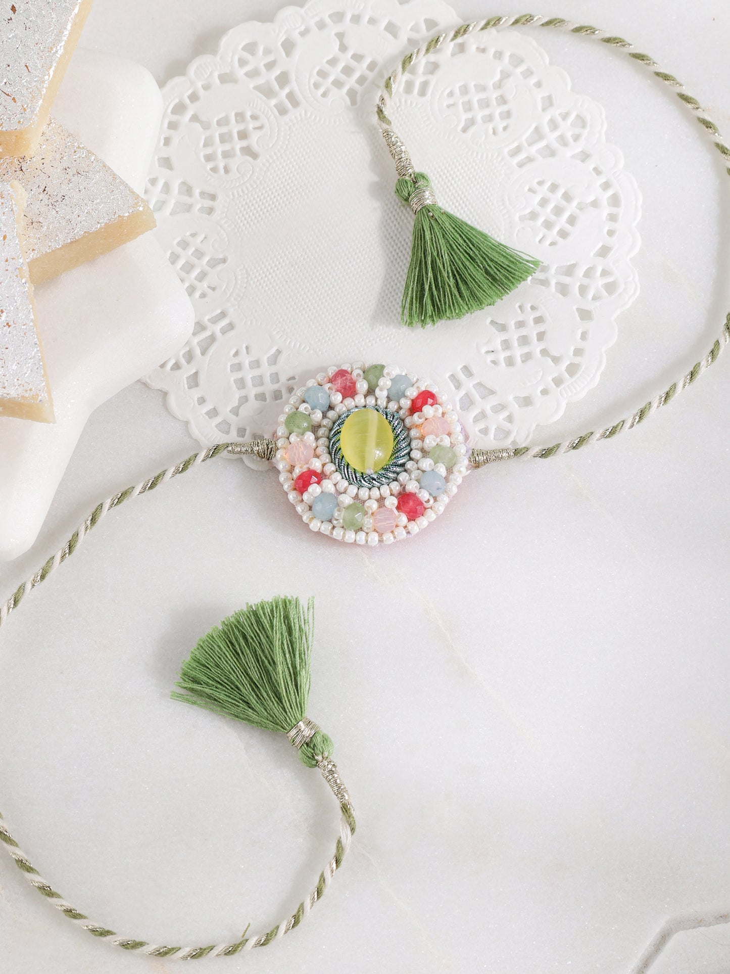 Pastel Multi Semi-Precious Stone Brother Rakhi (Gift Packaging Available)