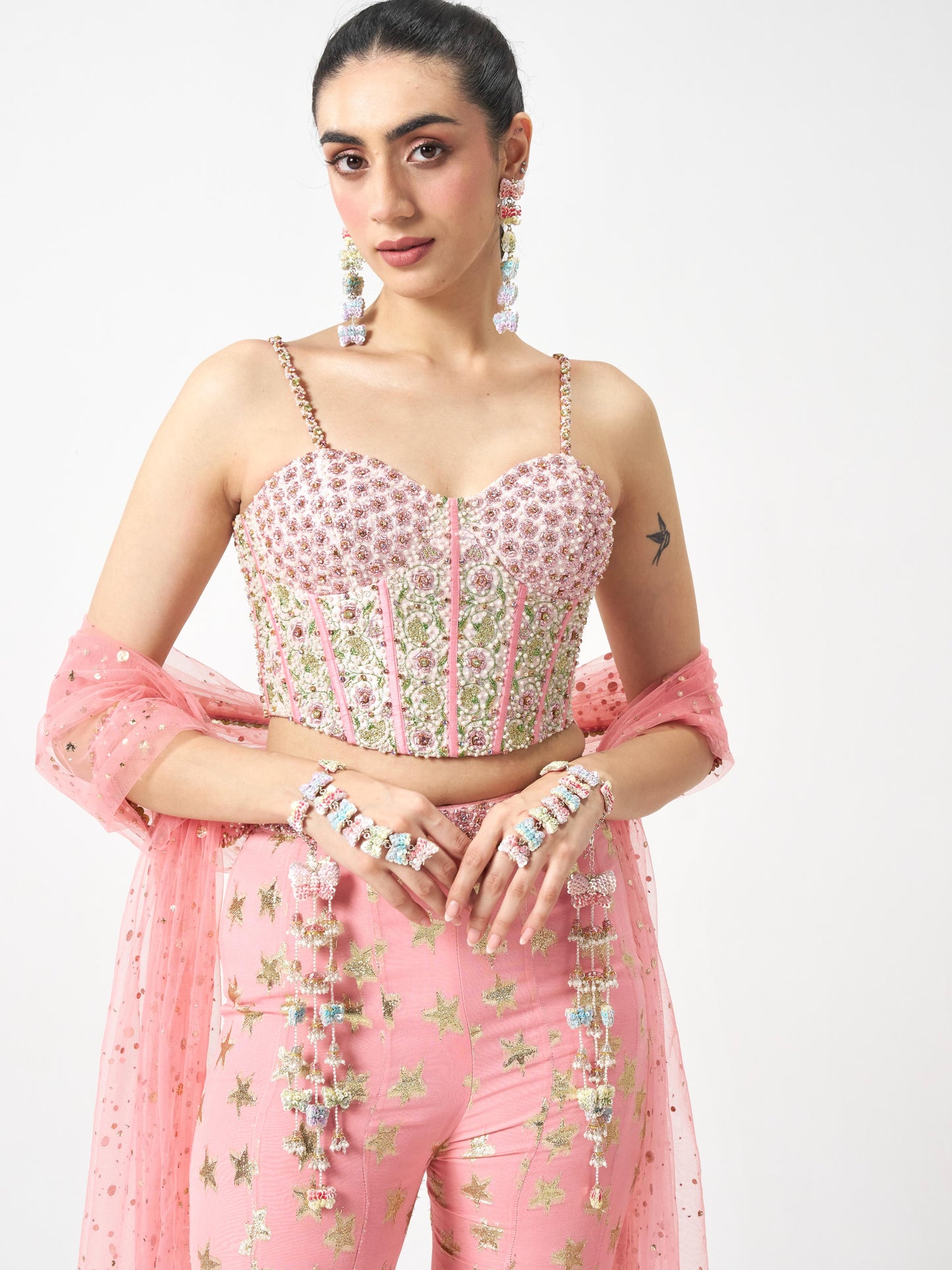 Titli Dangler Earrings with Pair Of Hathphool and Embroidered Latkans Set