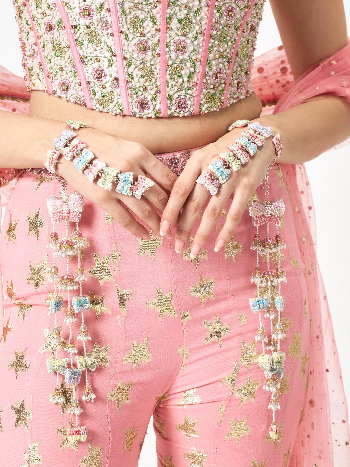 Titli Dangler Earrings with Pair Of Hathphool and Embroidered Latkans Set
