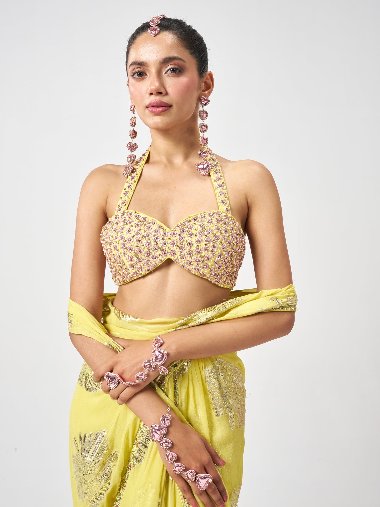 Sweetheart Sparkle Pink Dangler Earrings, Mangtikka & Pair Of Hathphool Set
