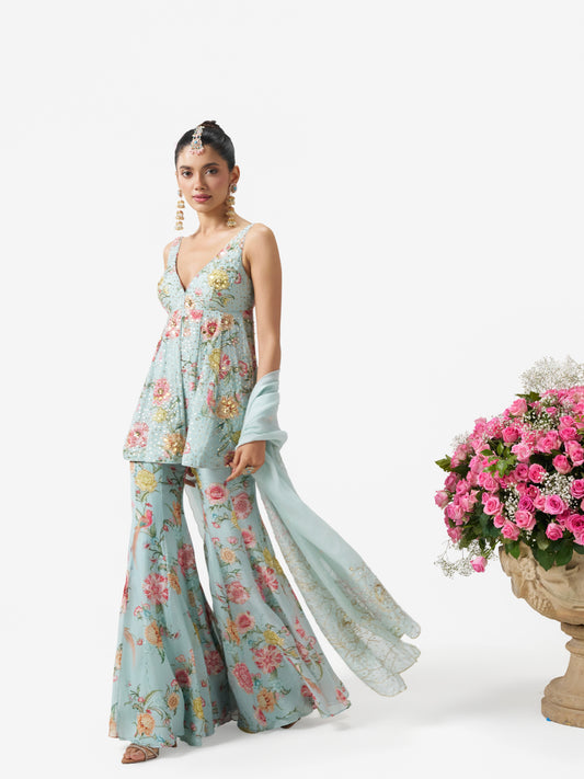 Dilruba Peplum Sharara Set - Blue