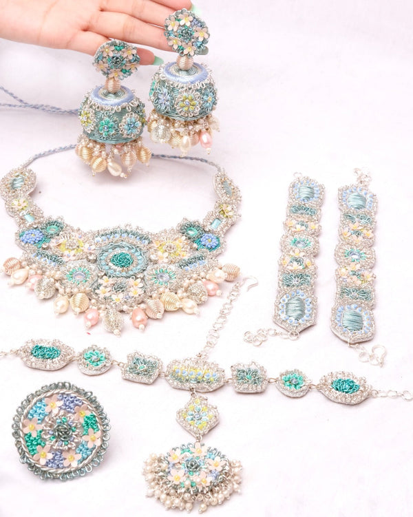 Stardust Set (Necklace, Earrings, Mathapatti, Ring & Set of Bracelet with Kaleera) - TONOTO