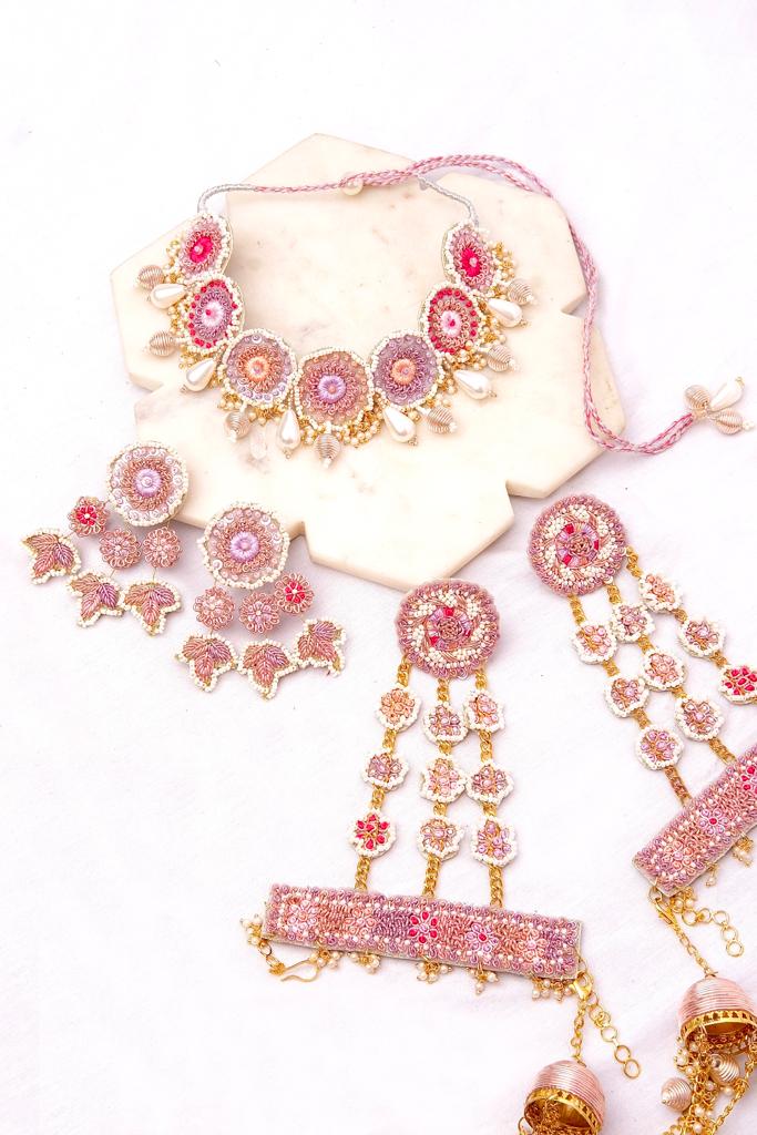 Rosé Set (Choker, Earrings & Set Of Haathphool with Latkan) - TONOTO