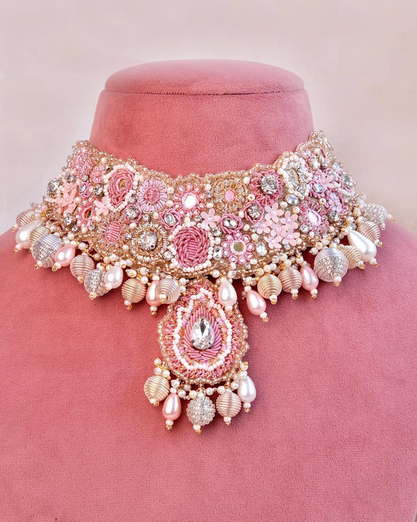 Khoobsurat Pink (Choker, Earrings, Set of Bracelets and Rings) - TONOTO